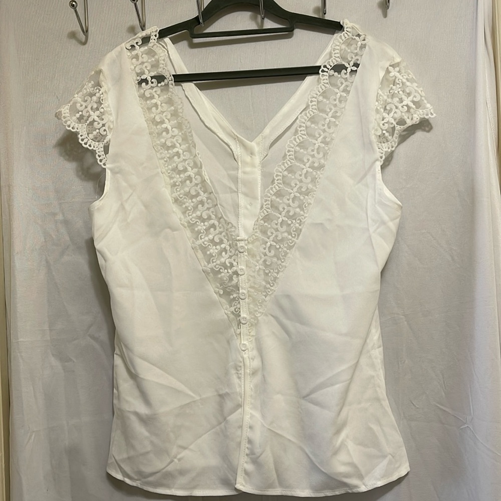 Women’s White Lace Reversible Light Breezy Blouse Top Shirt Large